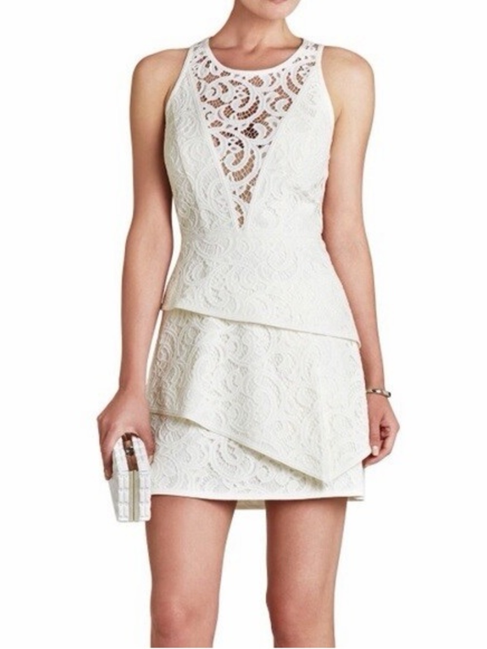 BCBGeneration Ivory Lace Tiered Halter Mini Dress